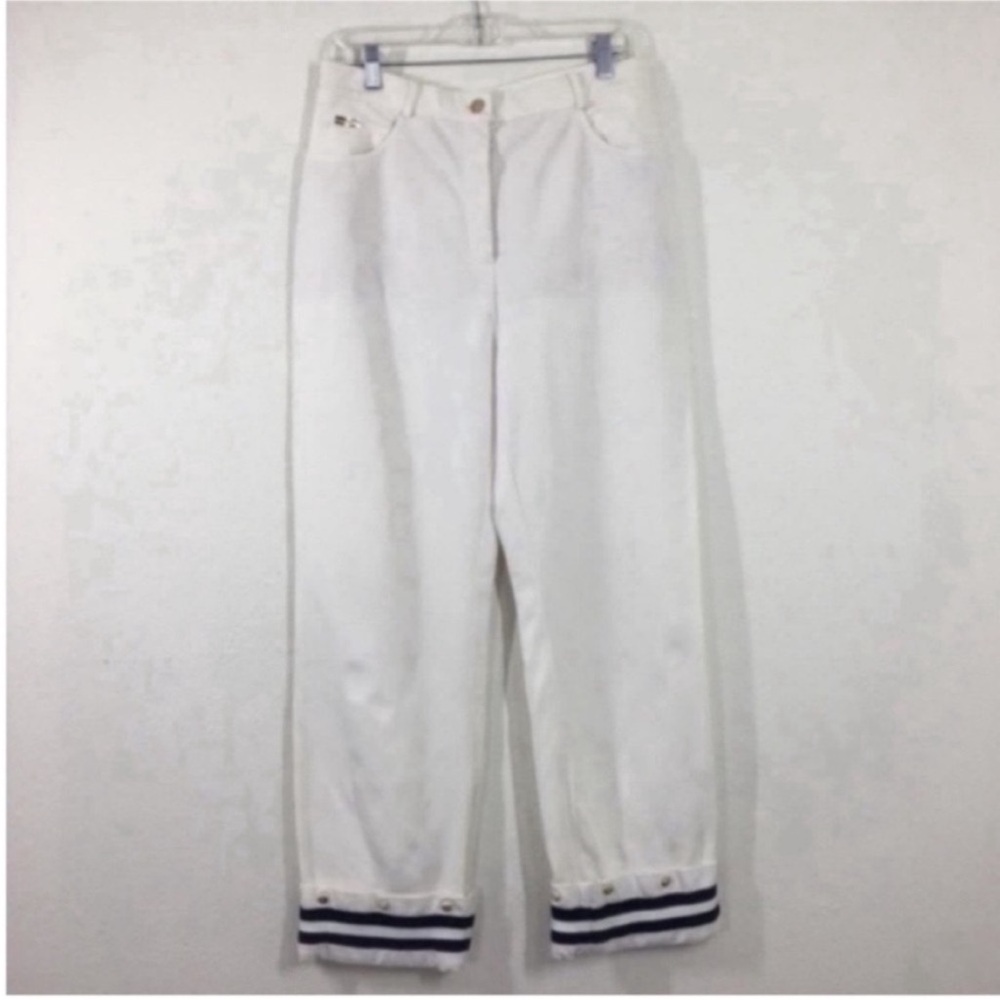 Vintage St. John White Cropped Jeans with Navy Striped Hem